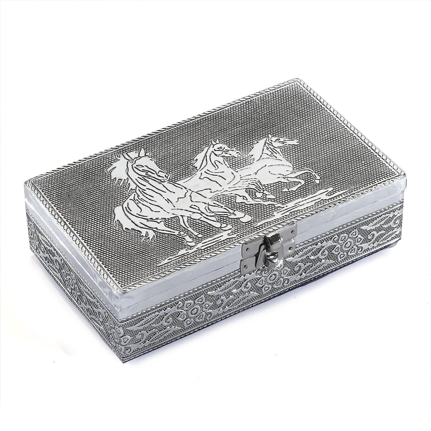 Hand Crafted Set of 2 Aluminum Oxidized Cat Horse Embossed Jewelry Box Made Up with Teak Wood Aluminum Sheet and Velvet