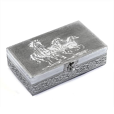 Hand Crafted Set of 2 Aluminum Oxidized Cat Horse Embossed Jewelry Box Made Up with Teak Wood Aluminum Sheet and Velvet