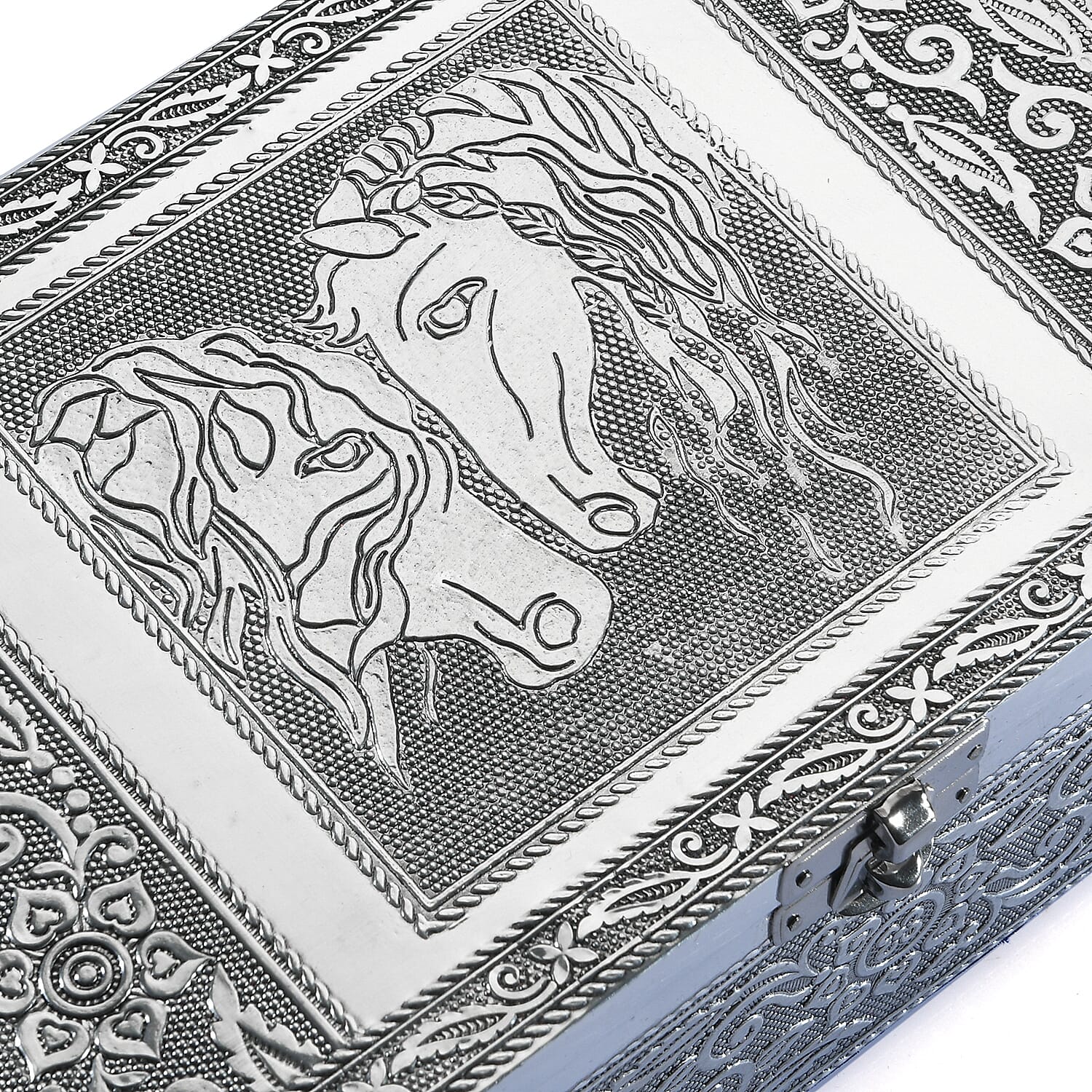 Hand Crafted Set of 2 Aluminum Oxidized Cat Horse Embossed Jewelry Box Made Up with Teak Wood Aluminum Sheet and Velvet