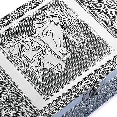 Hand Crafted Set of 2 Aluminum Oxidized Cat Horse Embossed Jewelry Box Made Up with Teak Wood Aluminum Sheet and Velvet