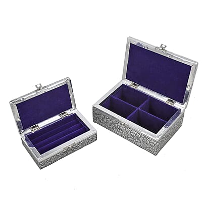 Hand Crafted Set of 2 Aluminum Oxidized Cat Horse Embossed Jewelry Box Made Up with Teak Wood Aluminum Sheet and Velvet