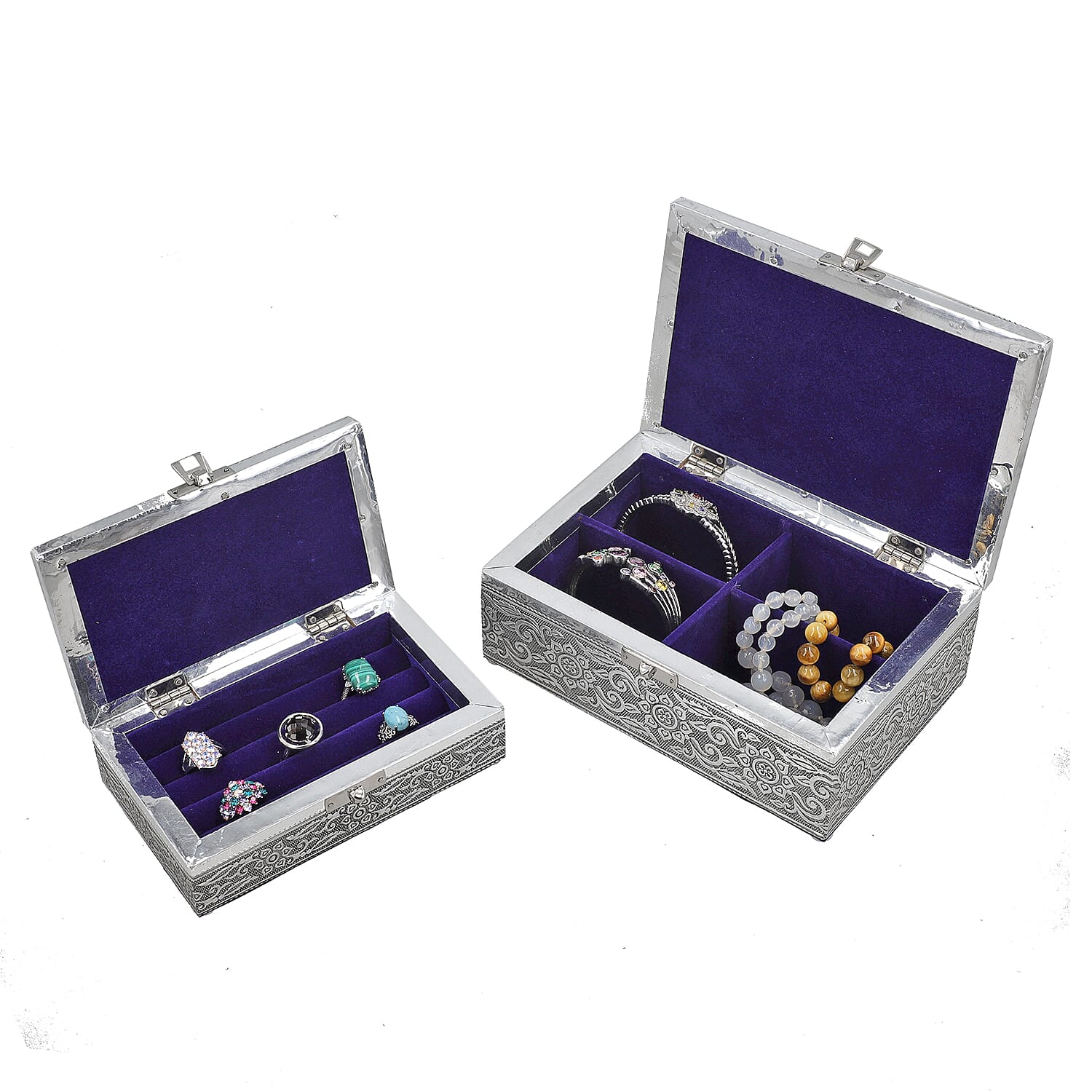 Hand Crafted Set of 2 Aluminum Oxidized Cat Horse Embossed Jewelry Box Made Up with Teak Wood Aluminum Sheet and Velvet