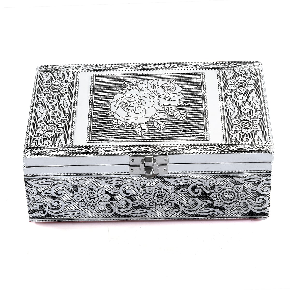 Hand Crafted Set of 2 Aluminum Oxidized Rose Floral Embossed Jewelry Box Made Up with Teak Wood Aluminum Sheet and Velvet image number 1