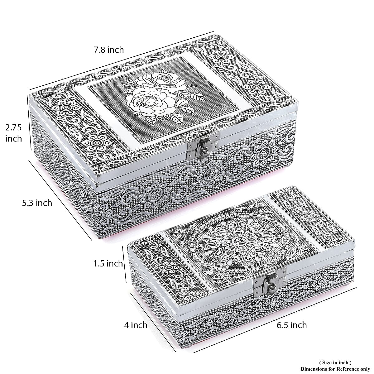 Hand Crafted Set of 2 Aluminum Oxidized Rose Floral Embossed Jewelry Box Made Up with Teak Wood Aluminum Sheet and Velvet image number 2