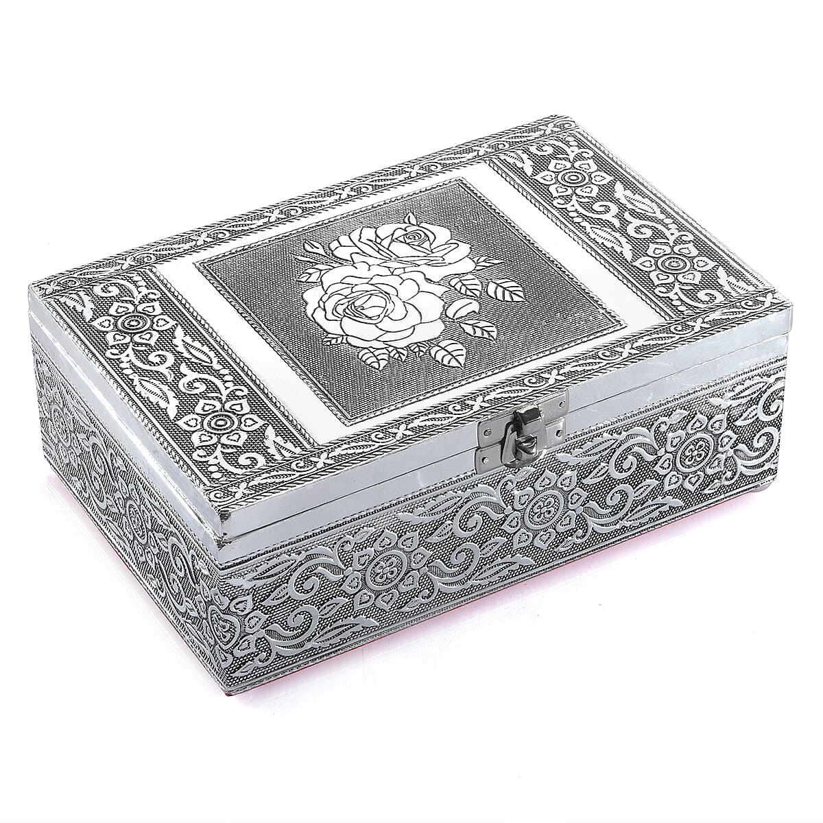 Hand Crafted Set of 2 Aluminum Oxidized Rose Floral Embossed Jewelry Box Made Up with Teak Wood Aluminum Sheet and Velvet image number 3