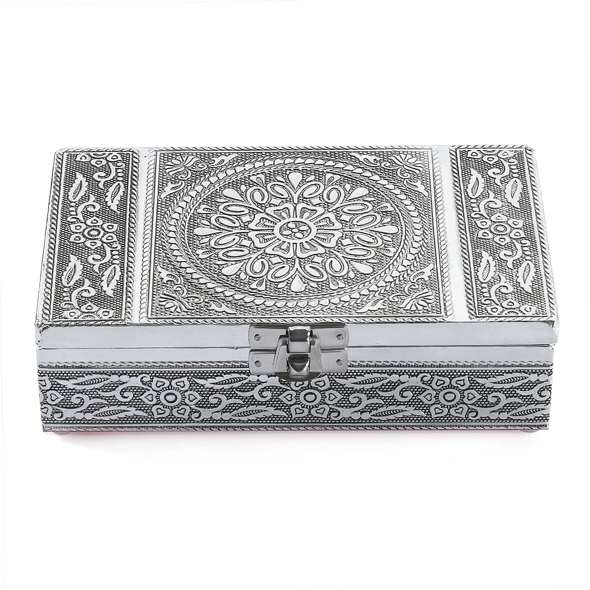 Hand Crafted Set of 2 Aluminum Oxidized Rose Floral Embossed Jewelry Box Made Up with Teak Wood Aluminum Sheet and Velvet image number 4
