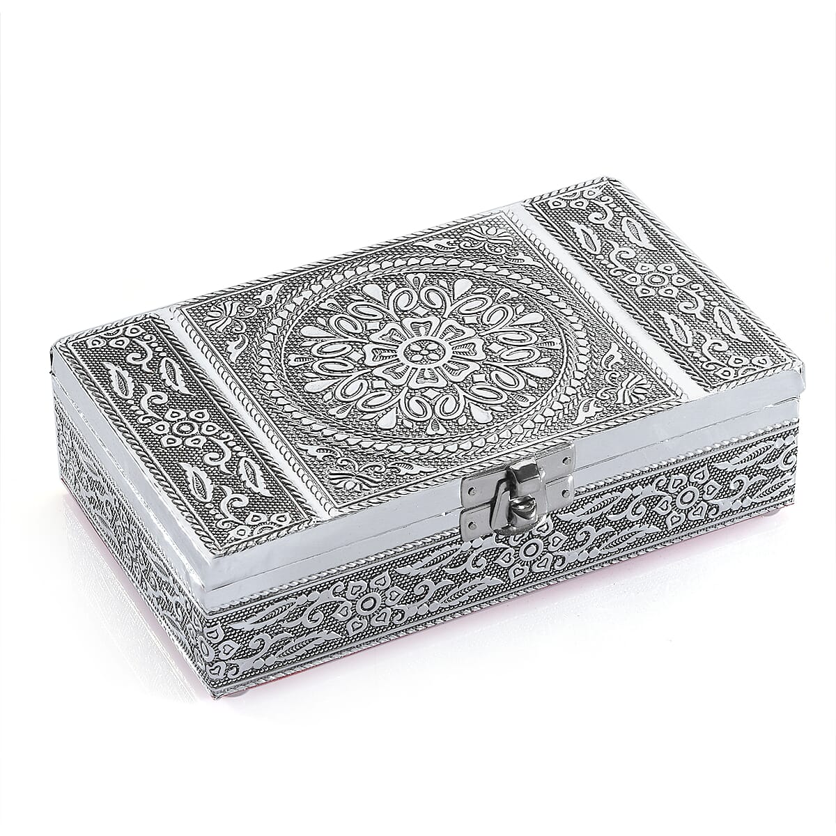 Hand Crafted Set of 2 Aluminum Oxidized Rose Floral Embossed Jewelry Box Made Up with Teak Wood Aluminum Sheet and Velvet image number 5