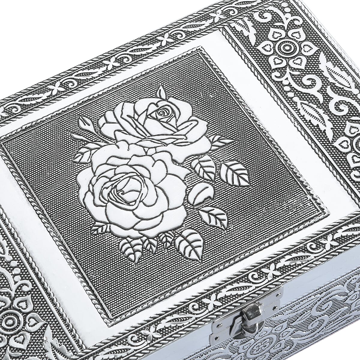 Hand Crafted Set of 2 Aluminum Oxidized Rose Floral Embossed Jewelry Box Made Up with Teak Wood Aluminum Sheet and Velvet image number 6
