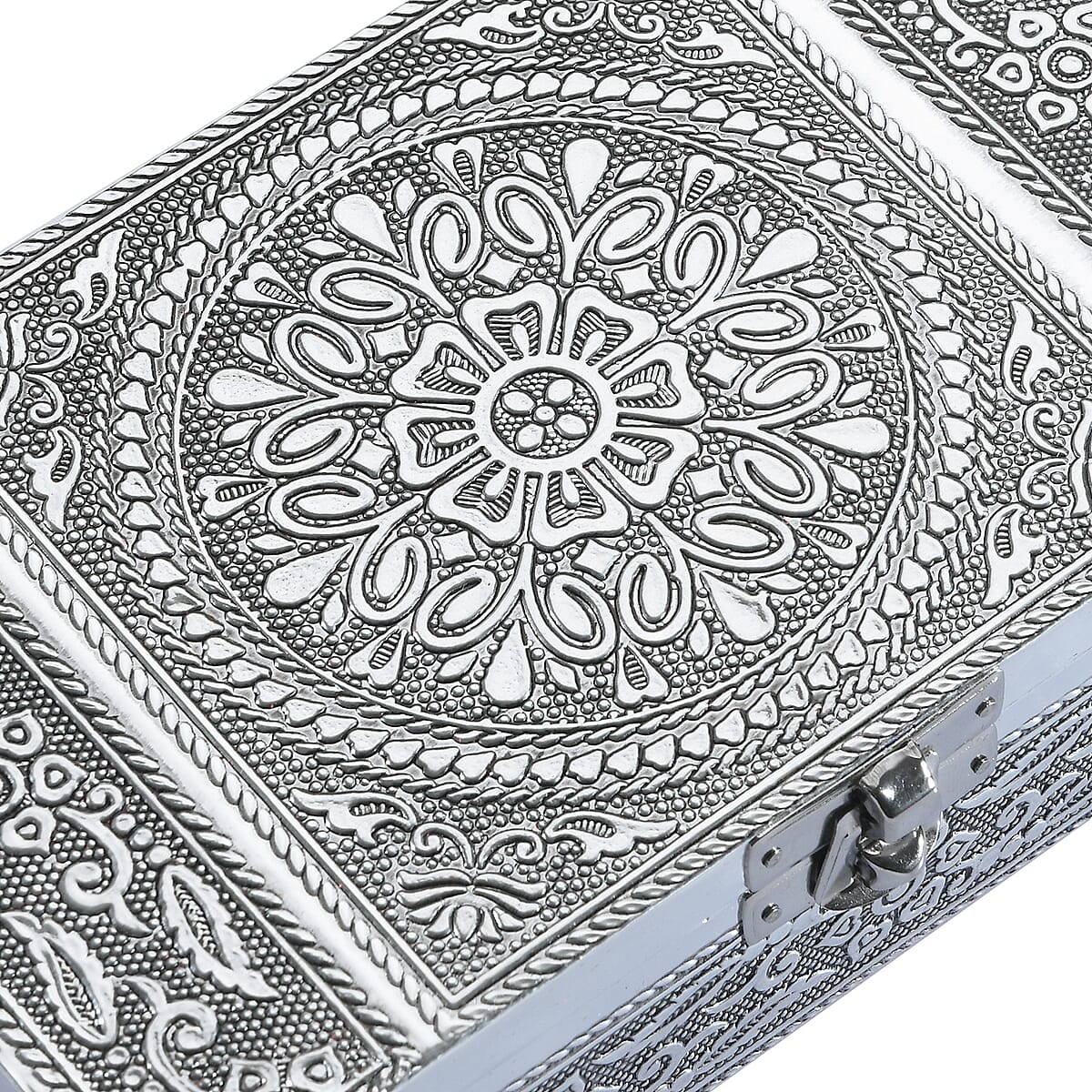 Hand Crafted Set of 2 Aluminum Oxidized Rose Floral Embossed Jewelry Box Made Up with Teak Wood Aluminum Sheet and Velvet image number 7