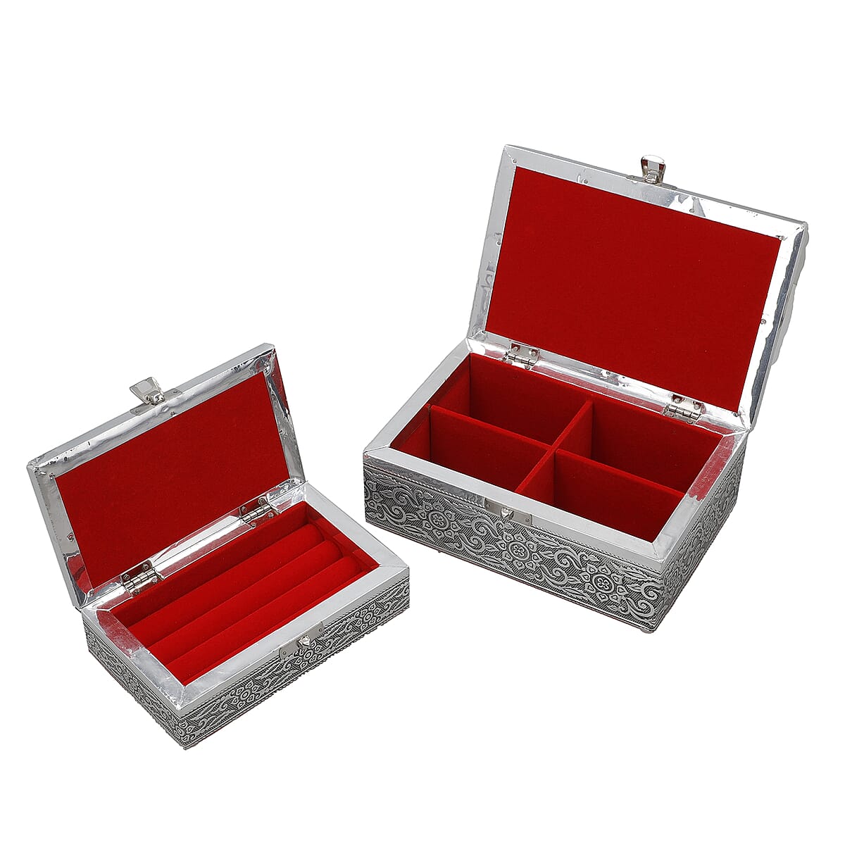Hand Crafted Set of 2 Aluminum Oxidized Rose Floral Embossed Jewelry Box Made Up with Teak Wood Aluminum Sheet and Velvet image number 9