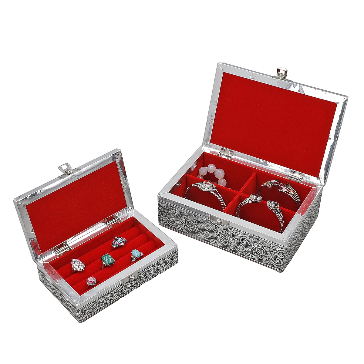 Hand Crafted Set of 2 Aluminum Oxidized Rose Floral Embossed Jewelry Box Made Up with Teak Wood Aluminum Sheet and Velvet image number 10