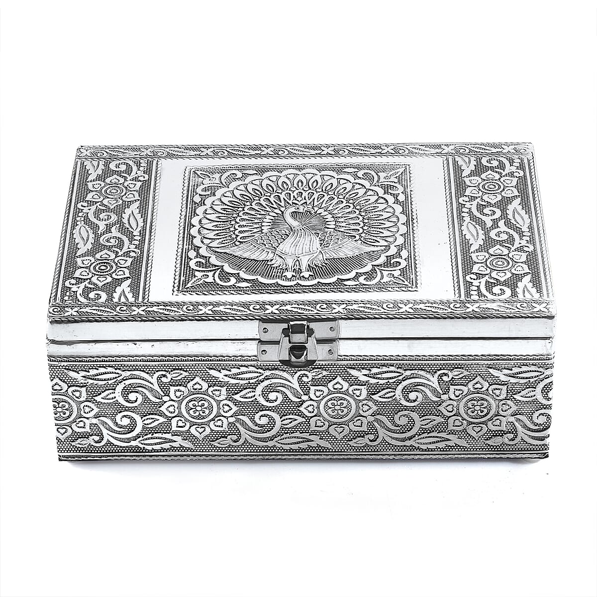 Hand Crafted Set of 2 Aluminum Oxidized Peacock Embossed Jewelry Box Made Up with Teak Wood Aluminum Sheet and Velvet image number 1