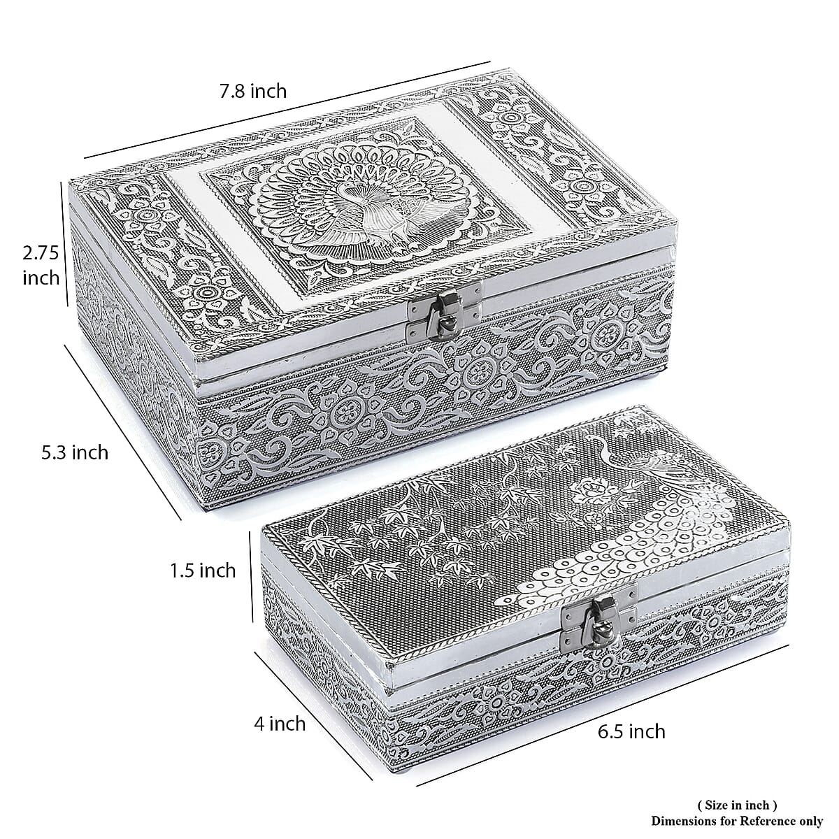 Hand Crafted Set of 2 Aluminum Oxidized Peacock Embossed Jewelry Box Made Up with Teak Wood Aluminum Sheet and Velvet image number 2
