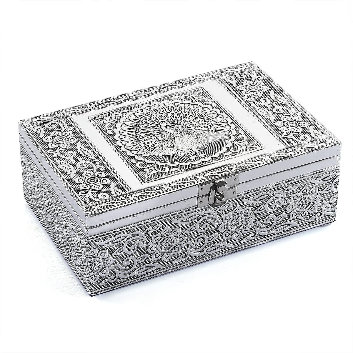Hand Crafted Set of 2 Aluminum Oxidized Peacock Embossed Jewelry Box Made Up with Teak Wood Aluminum Sheet and Velvet image number 3