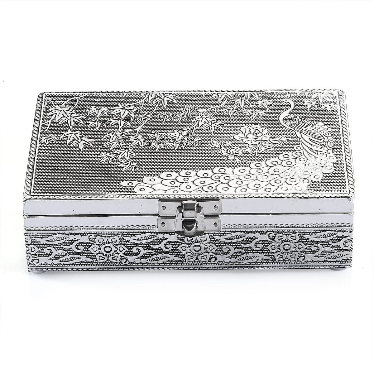Hand Crafted Set of 2 Aluminum Oxidized Peacock Embossed Jewelry Box Made Up with Teak Wood Aluminum Sheet and Velvet image number 4