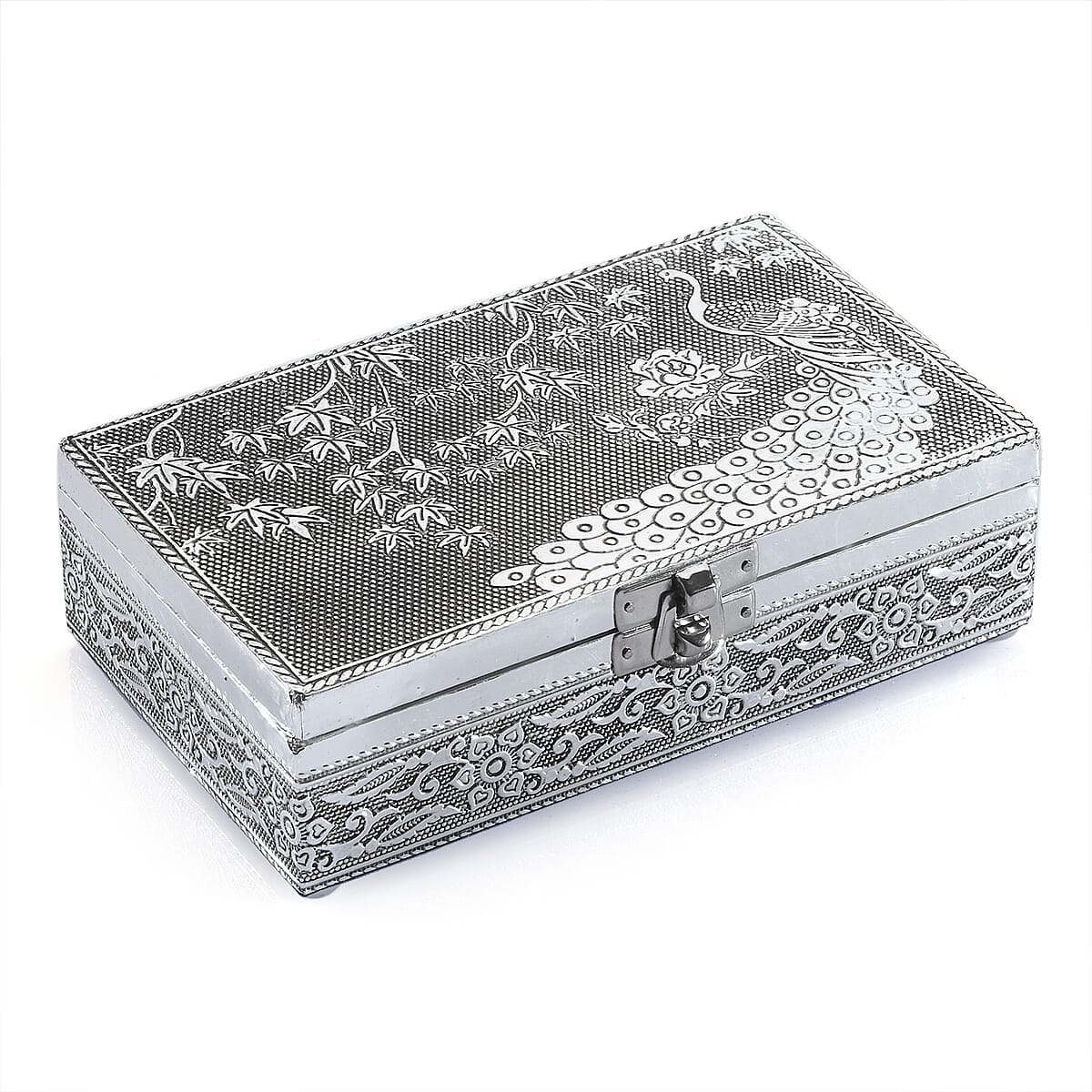 Hand Crafted Set of 2 Aluminum Oxidized Peacock Embossed Jewelry Box Made Up with Teak Wood Aluminum Sheet and Velvet image number 5