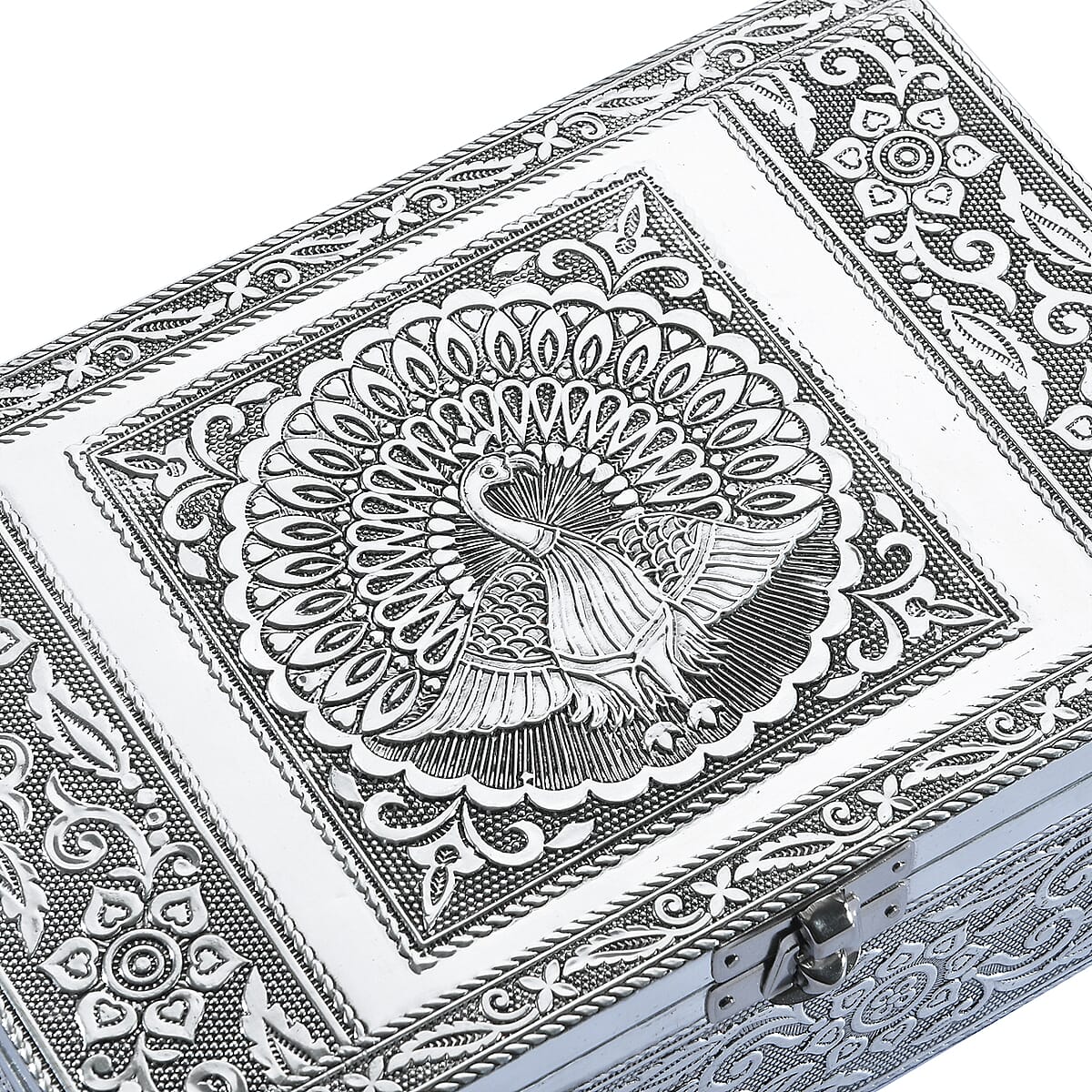 Hand Crafted Set of 2 Aluminum Oxidized Peacock Embossed Jewelry Box Made Up with Teak Wood Aluminum Sheet and Velvet image number 6