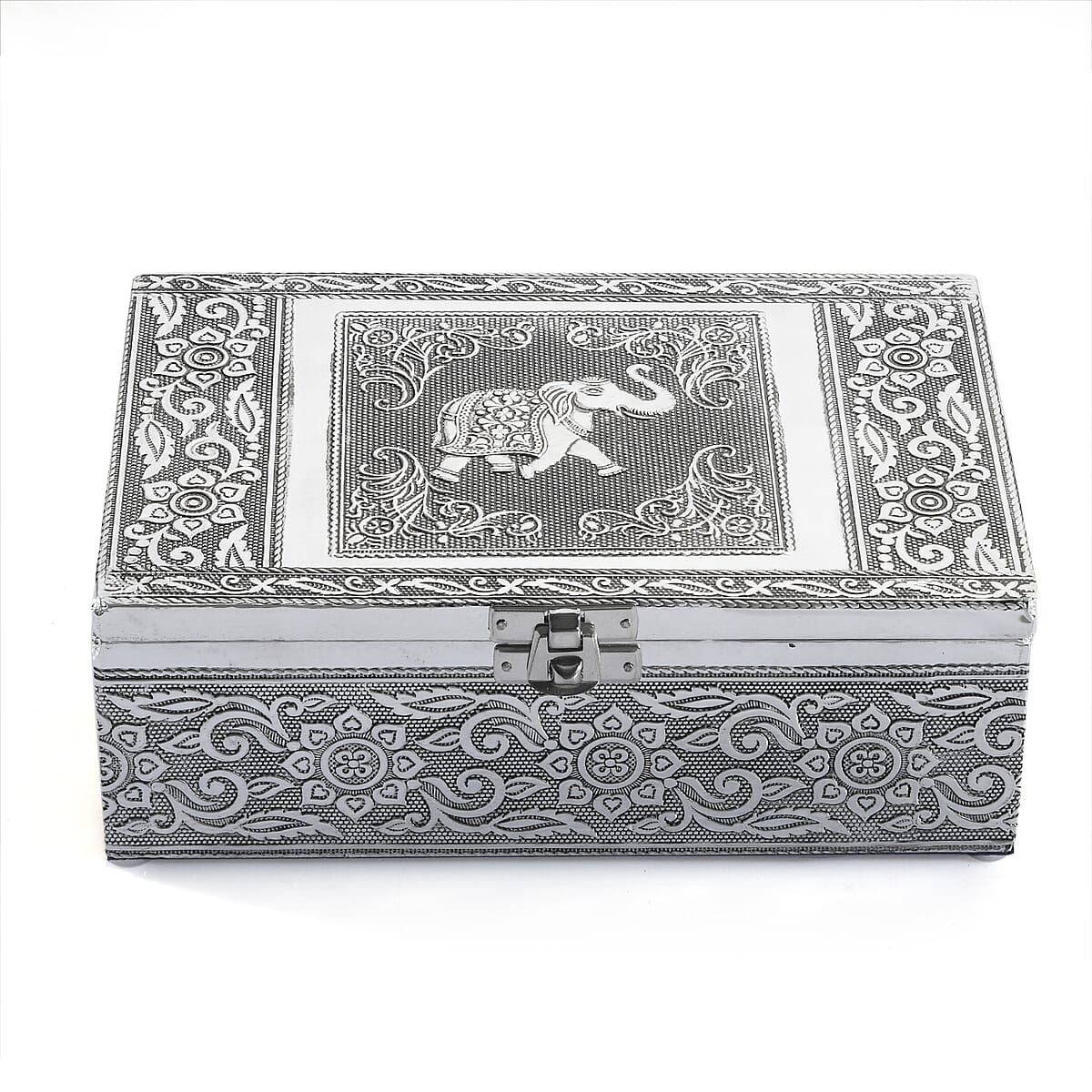 Hand Crafted Set of 2 Aluminum Oxidized Elephant Embossed Jewelry Box Made Up with Teak Wood Aluminum Sheet and Velvet image number 1