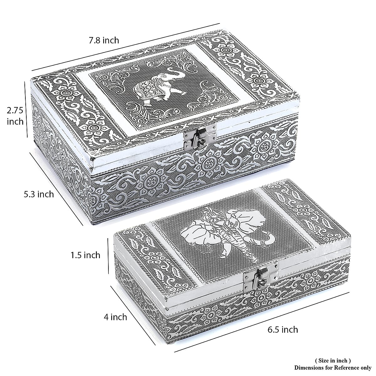 Hand Crafted Set of 2 Aluminum Oxidized Elephant Embossed Jewelry Box Made Up with Teak Wood Aluminum Sheet and Velvet image number 2
