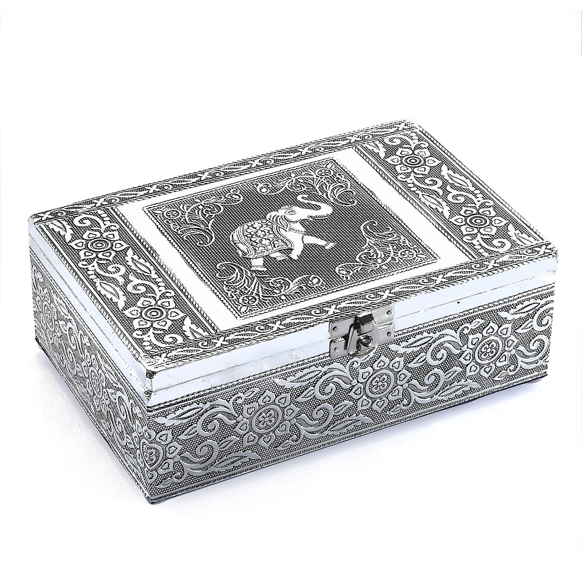 Hand Crafted Set of 2 Aluminum Oxidized Elephant Embossed Jewelry Box Made Up with Teak Wood Aluminum Sheet and Velvet image number 3