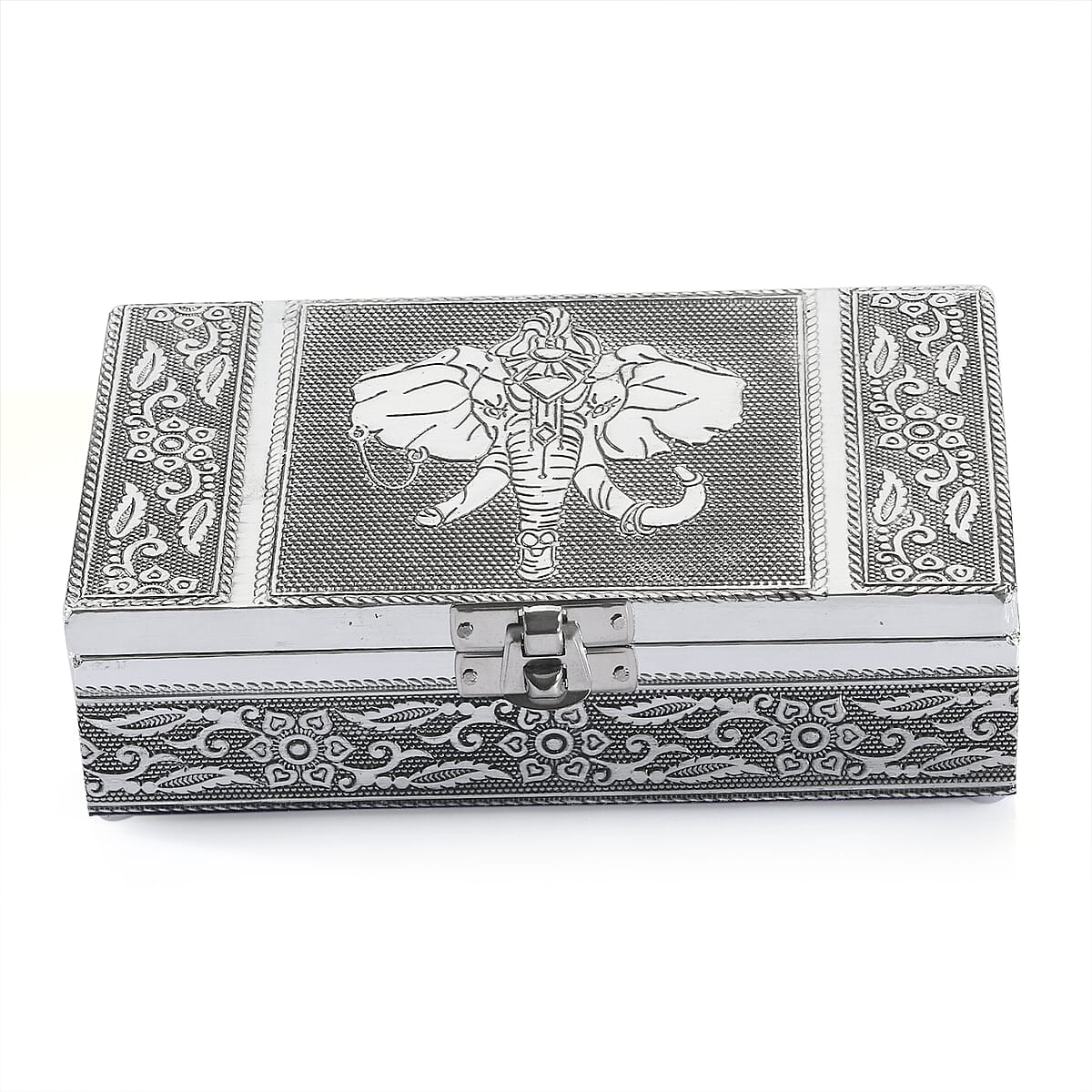 Hand Crafted Set of 2 Aluminum Oxidized Elephant Embossed Jewelry Box Made Up with Teak Wood Aluminum Sheet and Velvet image number 4