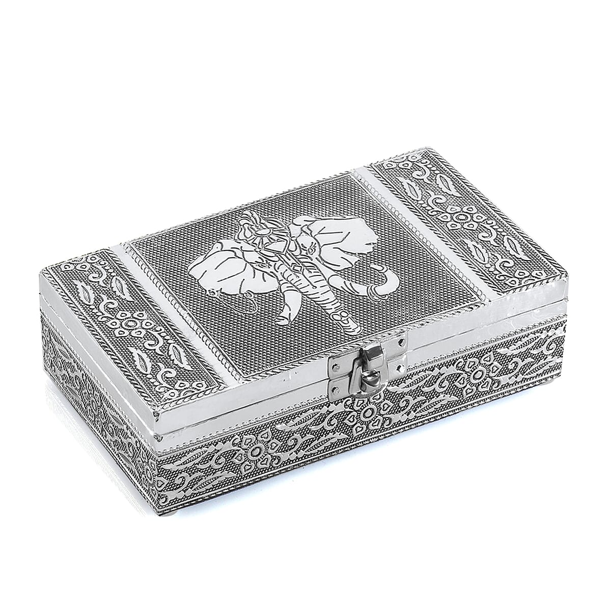 Hand Crafted Set of 2 Aluminum Oxidized Elephant Embossed Jewelry Box Made Up with Teak Wood Aluminum Sheet and Velvet image number 5