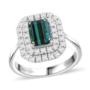 Certified & Appraised Rhapsody AAAA Monte Belo Indicolite and E-F VS Diamond 2.05 ctw Double Halo Ring in 950 Platinum (Size 9.0) 7.85 Grams