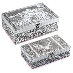 Hand Crafted Set of 2 Aluminum Oxidized Wolf & Eagle Embossed Jewelry Box Made Up with Teak Wood Aluminum Sheet and Velvet