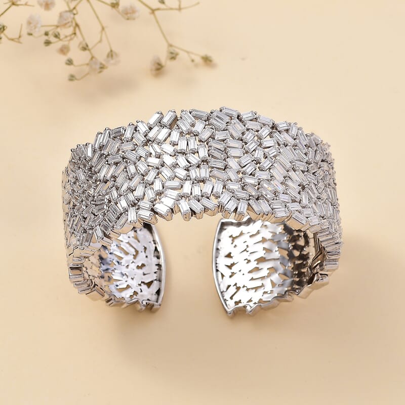 Moissanite 23.65 ctw Fire Crakers Cuff Bracelet in Rhodium Over Sterling Silver (7.25 In)