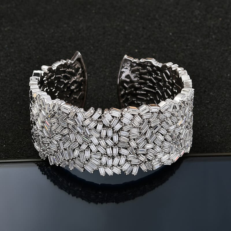 Moissanite 23.65 ctw Fire Crakers Cuff Bracelet in Rhodium Over Sterling Silver (7.25 In)