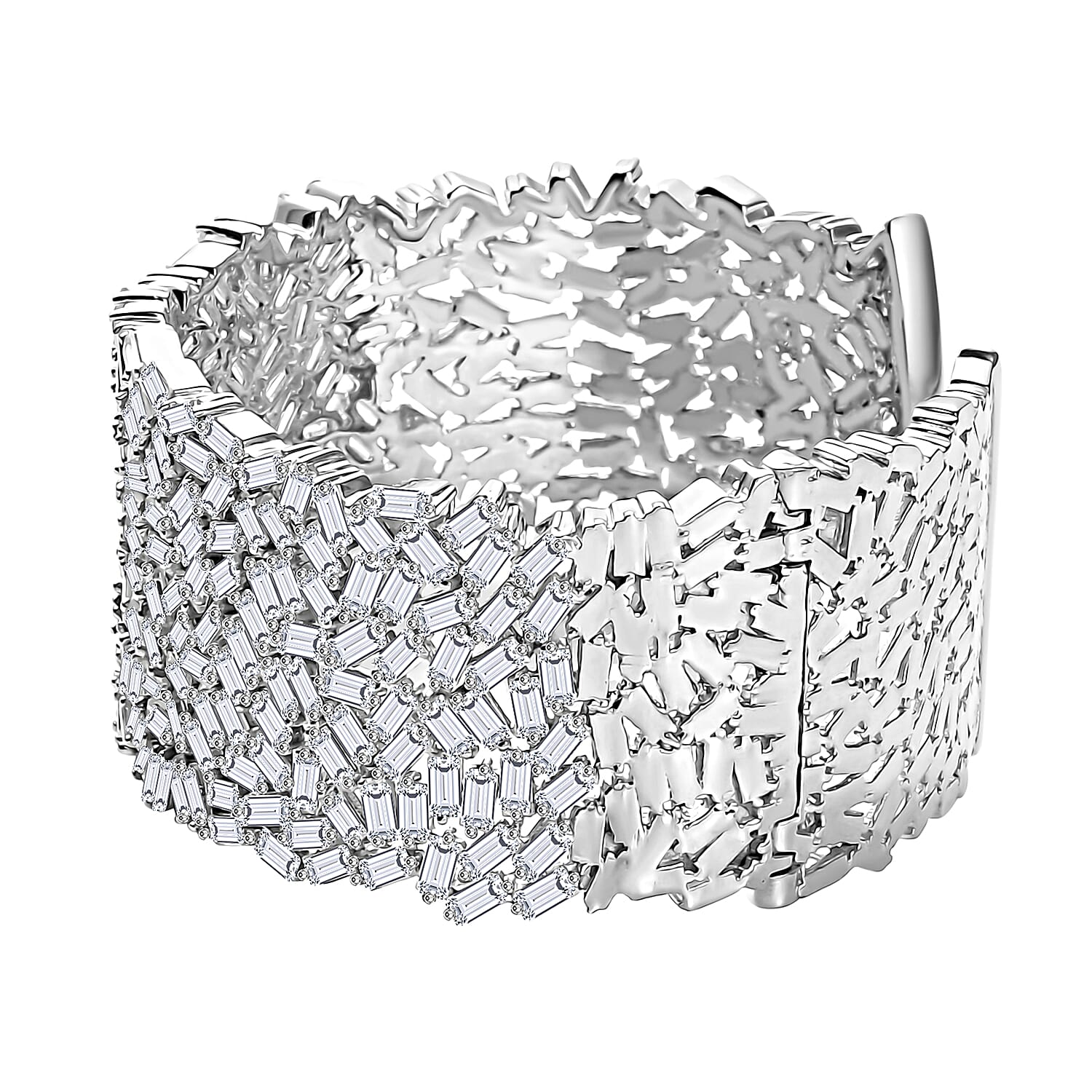 Moissanite 23.65 ctw Fire Crakers Cuff Bracelet in Rhodium Over Sterling Silver (7.25 In)