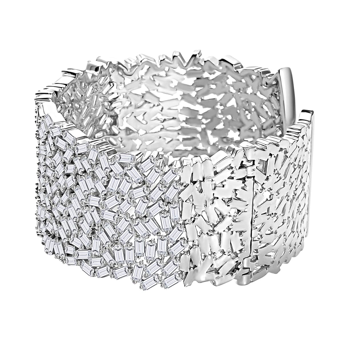 Moissanite 23.65 ctw Fire Crakers Cuff Bracelet in Rhodium Over Sterling Silver (7.25 In) image number 4