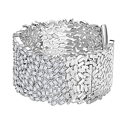 Moissanite 23.65 ctw Fire Crakers Cuff Bracelet in Rhodium Over Sterling Silver (7.25 In)