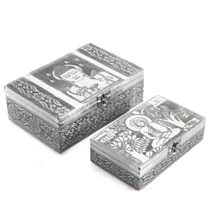 Hand Crafted Set of 2 Aluminum Oxidized Buddha Embossed Jewelry Box Made Up with Teak Wood Aluminum Sheet and Velvet