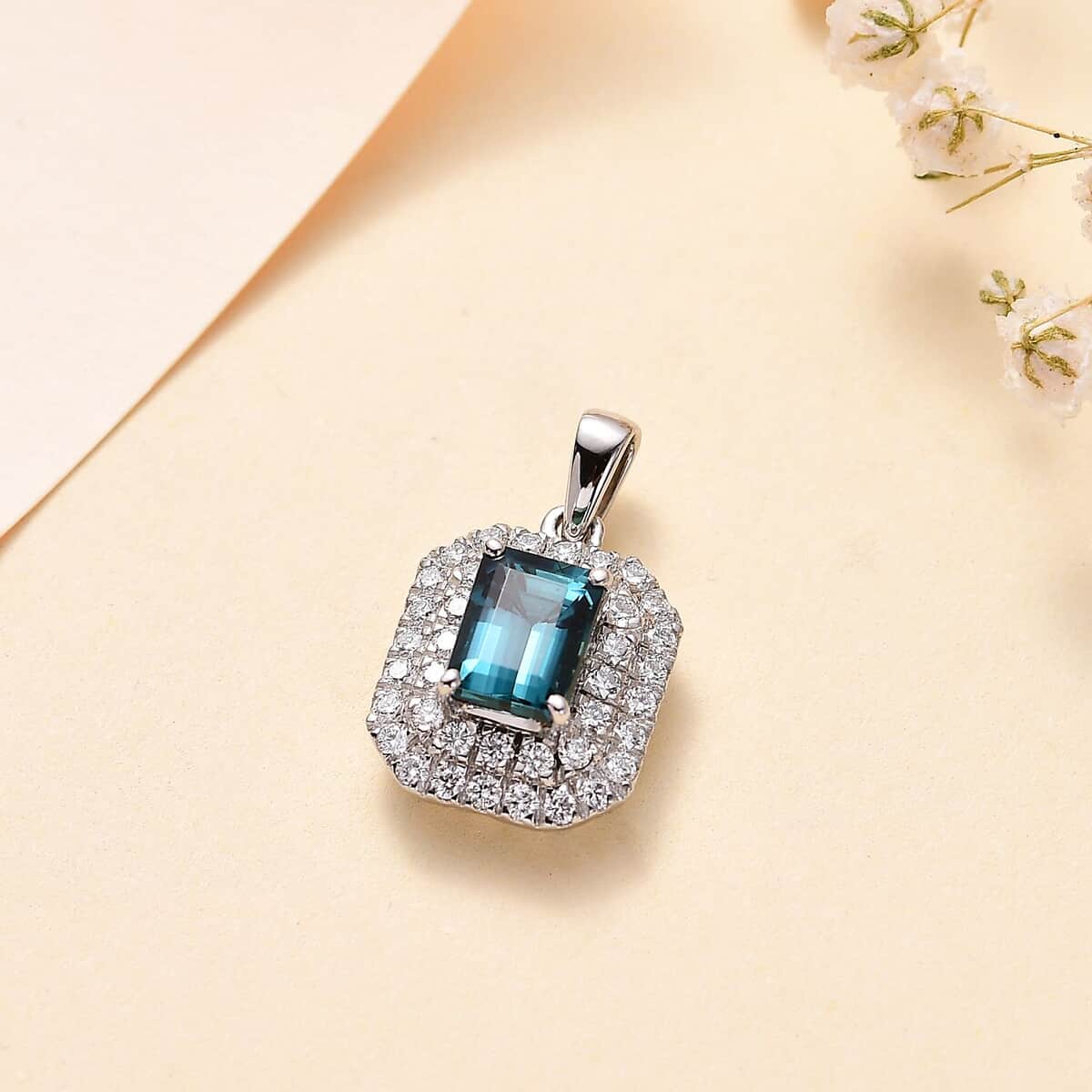 Rhapsody 950 Platinum AAAA Monte Belo Indicolite and E-F VS Diamond Double Halo Pendant 4.20 Grams 2.05 ctw image number 1