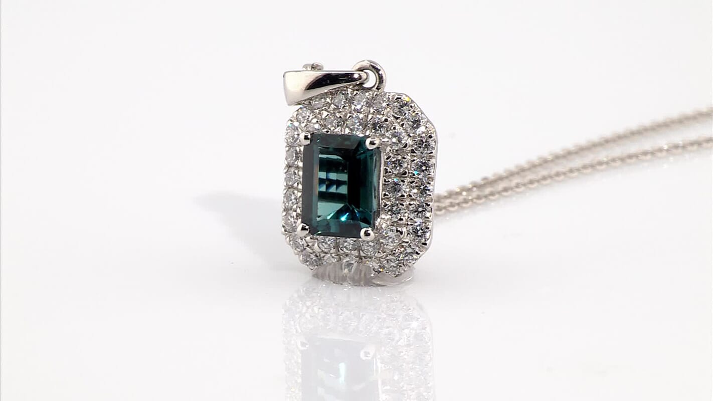 Rhapsody 950 Platinum AAAA Monte Belo Indicolite and E-F VS Diamond Double Halo Pendant without Chain 4.20 Grams 2.05 ctw