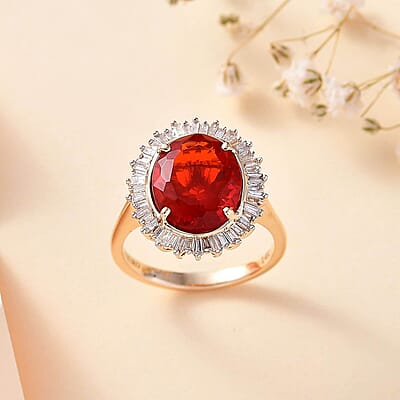 Luxoro Premium Crimson Fire Opal and G-H I2 Diamond 3.75 ctw Sunrise Ring in 14K Yellow Gold (Size 6.0)