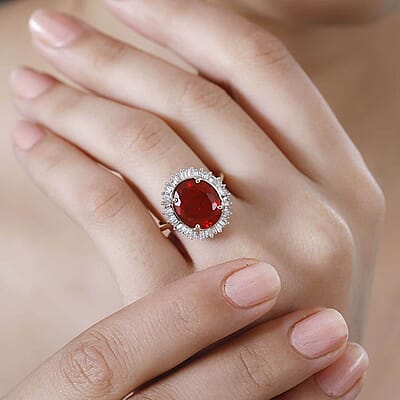 Luxoro Premium Crimson Fire Opal and G-H I2 Diamond 3.75 ctw Sunrise Ring in 14K Yellow Gold (Size 6.0)