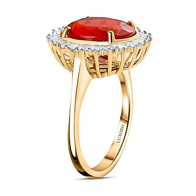 Luxoro Premium Crimson Fire Opal and G-H I2 Diamond 3.75 ctw Sunrise Ring in 14K Yellow Gold (Size 6.0)