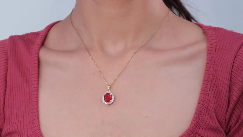 Luxoro 14K Yellow Gold Premium Crimson Fire Opal and G-H I2 Diamond Sunrise Pendant 3.00 ctw