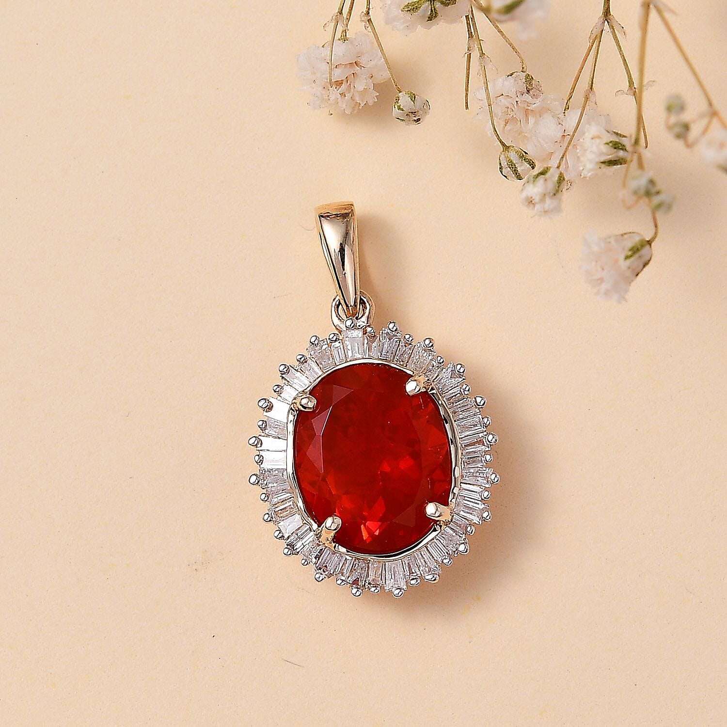 Luxoro 14K Yellow Gold Premium Crimson Fire Opal and G-H I2 Diamond Sunrise Pendant 3.00 ctw