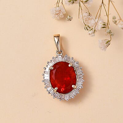 Luxoro 14K Yellow Gold Premium Crimson Fire Opal and G-H I2 Diamond Sunrise Pendant 3.00 ctw