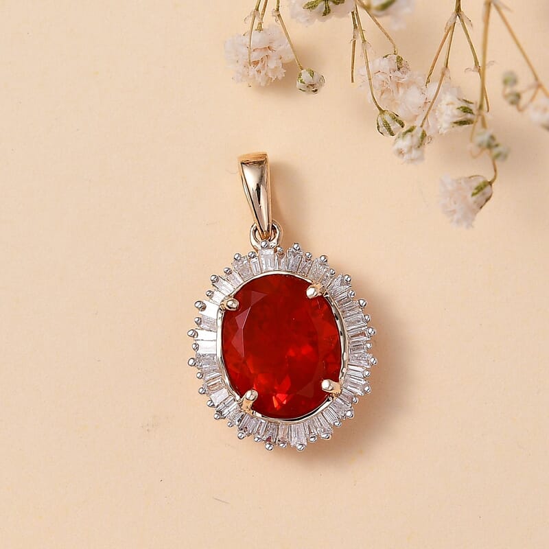 Luxoro 14K Yellow Gold Premium Crimson Fire Opal and G-H I2 Diamond Sunrise Pendant 3.00 ctw