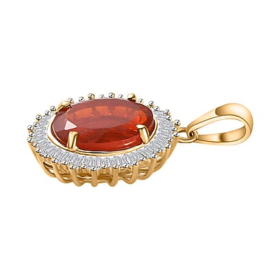 Luxoro 14K Yellow Gold Premium Crimson Fire Opal and G-H I2 Diamond Sunrise Pendant 3.00 ctw