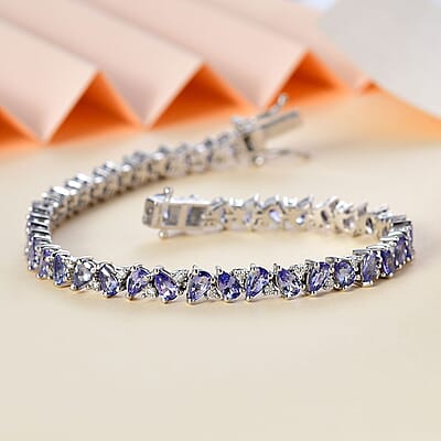 Tanzanite and Moissanite Art Deco Bracelet in Rhodium Over Sterling Silve (6.50 In) 8.20 ctw 