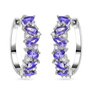 Tanzanite and Moissanite Art Deco Hoop Earrings in Rhodium Over Sterling Silver 2.65 ctw