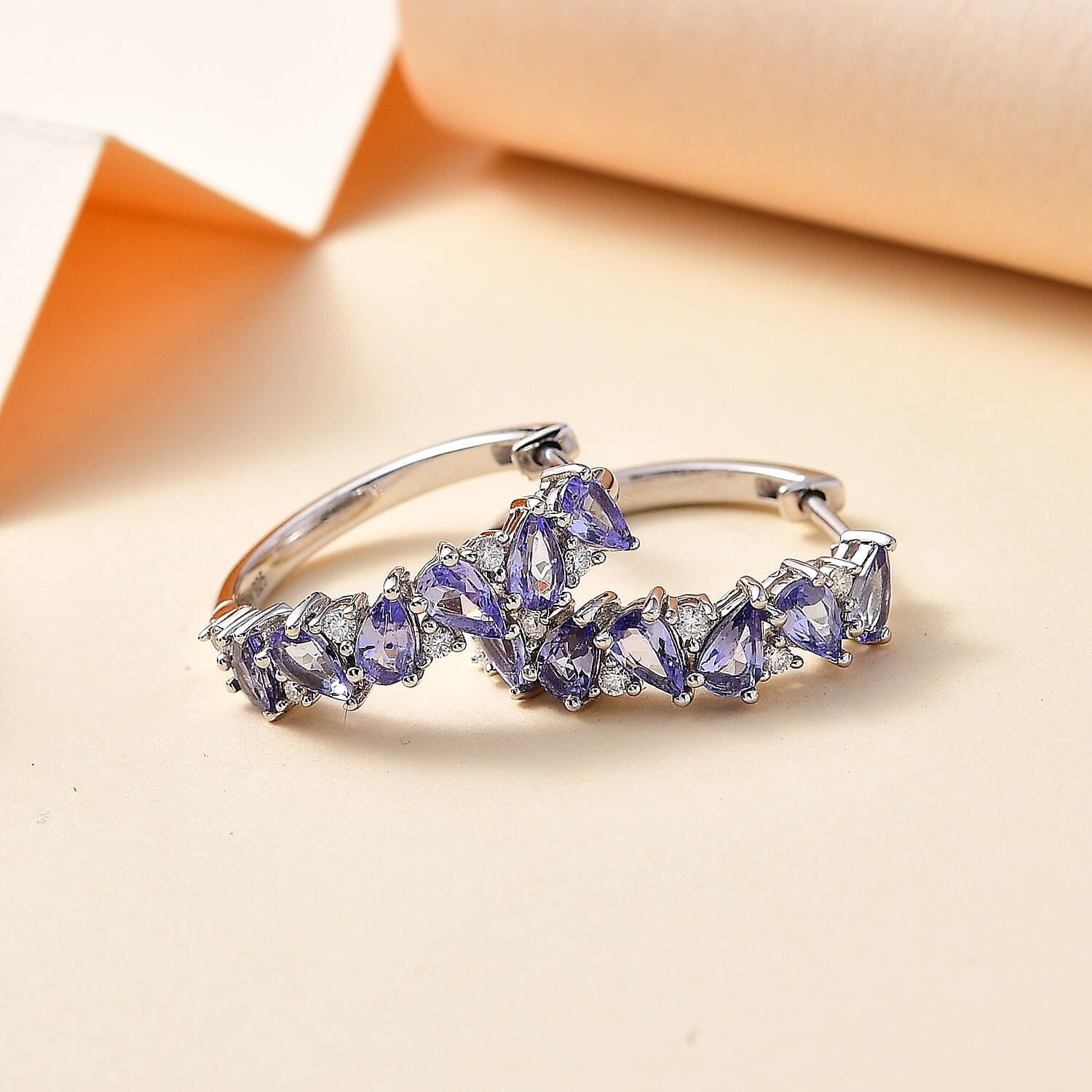 Tanzanite and Moissanite Art Deco Hoop Earrings in Rhodium Over Sterling Silver 2.65 ctw