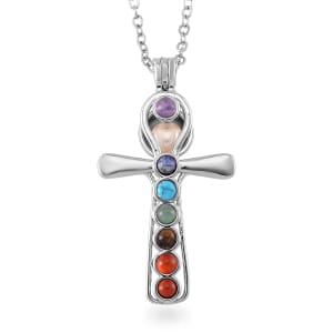 Freshwater Pearl and Multi Gemstone 1.20 ctw Seven Chakra Cross Pendant Necklace in Silvertone 20-22 Inches