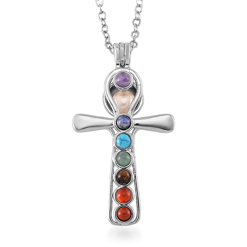 Freshwater Pearl and Multi Gemstone 1.20 ctw Seven Chakra Cross Pendant Necklace in Silvertone 20-22 Inches
