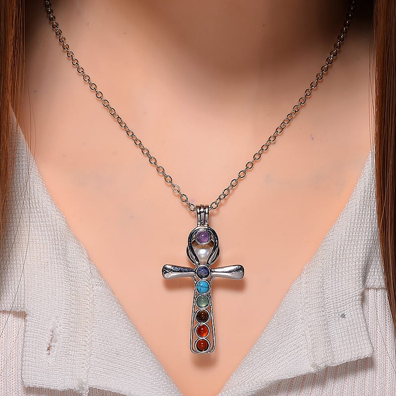 Freshwater Pearl and Multi Gemstone 1.20 ctw Seven Chakra Cross Pendant Necklace in Silvertone 20-22 Inches